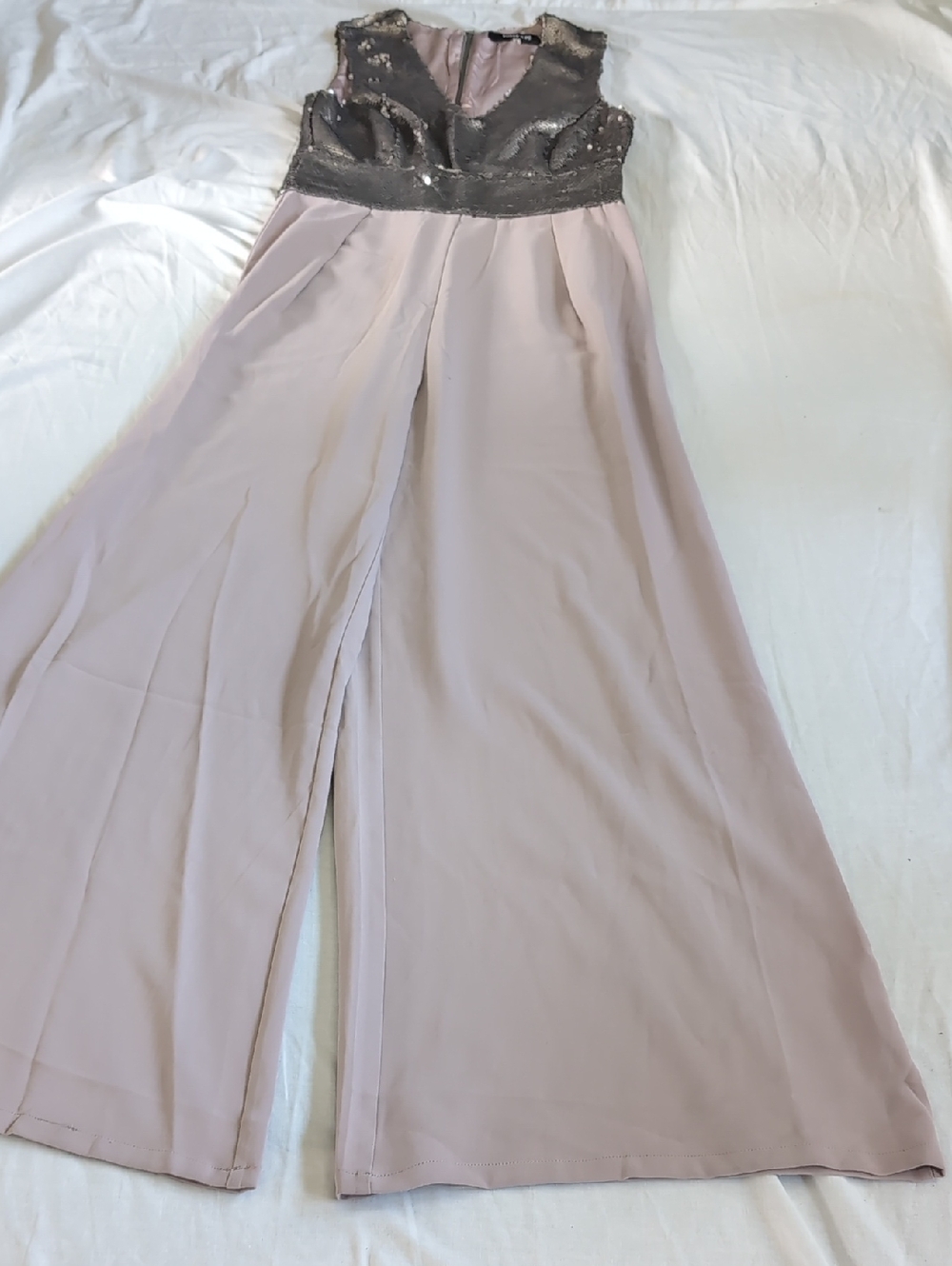 Sugarlips Taupe Sleeveless V-Neck Wide Leg Jumpsuit Silver Gray Sequin Bodice